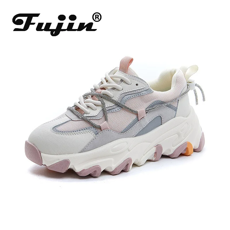 

5fujin 2021 INS Dad Shoes Platform Chunky Sneakers White Lace Up High Quality Genuine Leather Shoes Vulcanized For Women