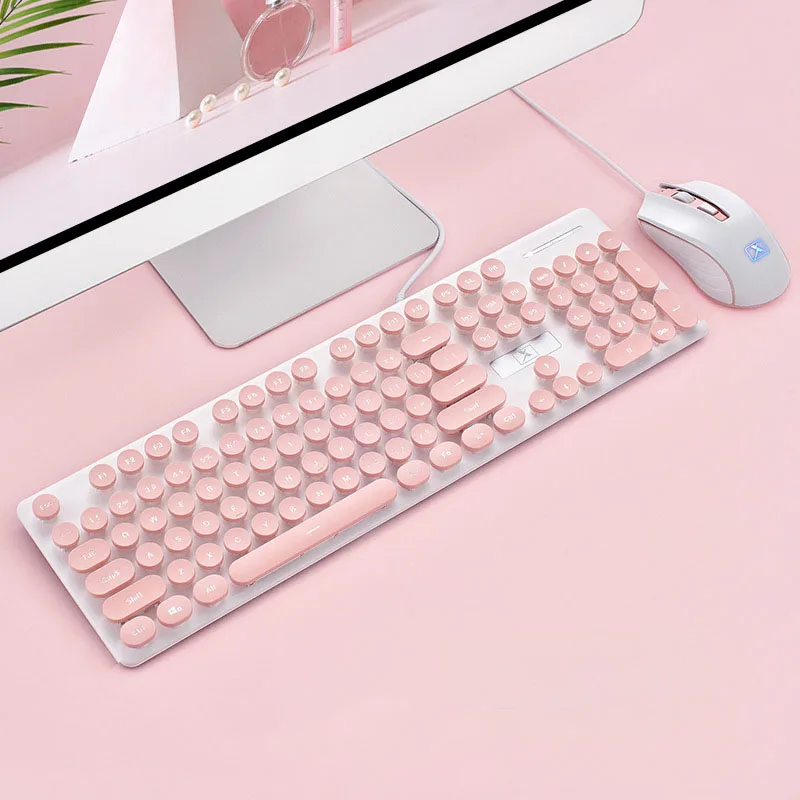 Розовый ретро Проводная игровая клавиатура и мышь комплект круглый Keycap стимпанк клавиатура мультимедийная Кнопка 1800 dpi Мышь для ПК ноутбука