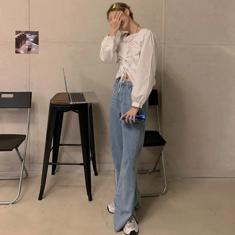 

Korean Elastic Pleated Solid Drawstring Autumn Blouse Fresh Simple O-Neck New Elegant Female Top Sweet Casual Free White Shirt