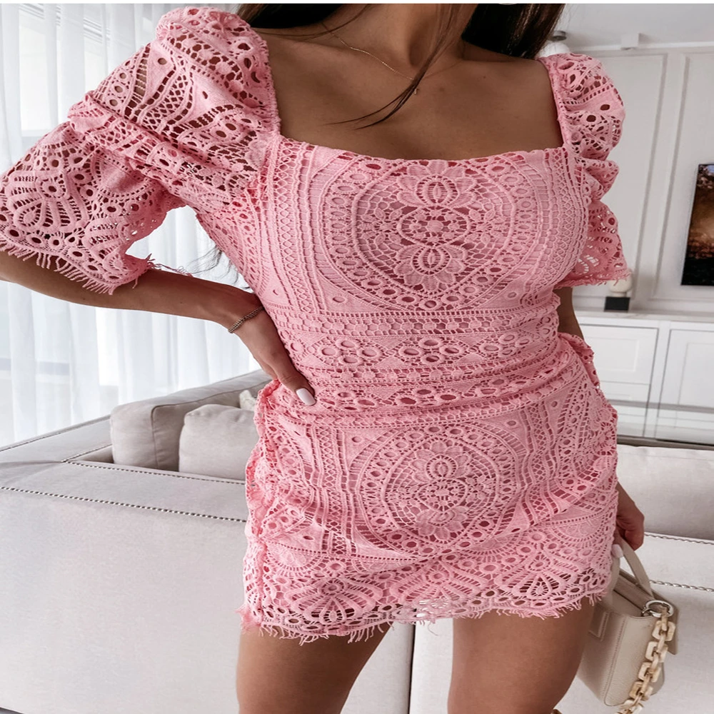 

Summer Dress Women Clothing Robe Femme Solid Color Pencil Dresses Lace ZipperSquare Collar Mini Dress For Woman Vestido De Mujer