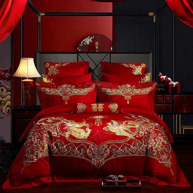 

J1 Luxury 60S Egyptian Cotton Red Wedding Bedding Set Gold Phoenix Loong Embroidery Duvet Cover Bed sheet Bedspread Pillowcases