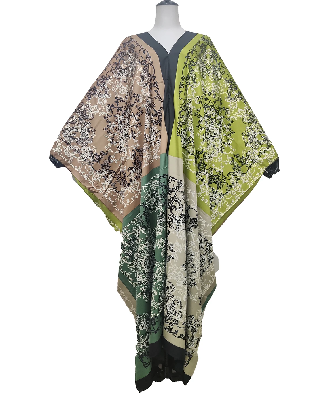 

Middle East Popular Colorful Bohemian Sexy V-neck Floral Printed Silk Kaftan Dress Traditional Muslim Abaya Robe Femme Boubou