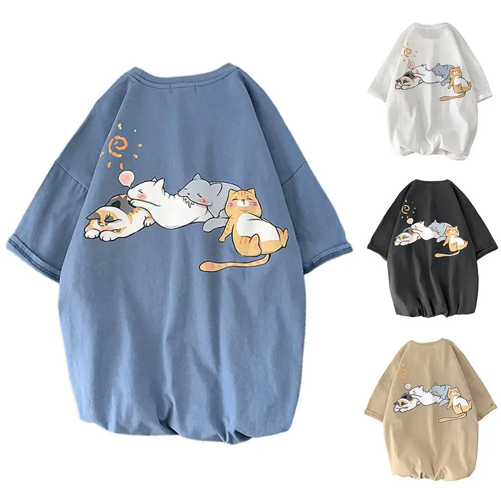 

Cartoon Cats Print Men T-Shirt Summer O Neck Half Sleeve Casual Loose Clothes Men Clothing Blue 2XL 2021