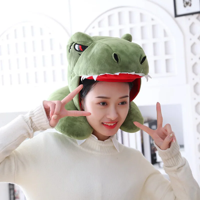 

Cartoon Dinosaur Design Neck Pillow for Airplane Travel Adults Kids with Hood U Shaped Hooded Pillow Soft Hoodie Pillow Pals