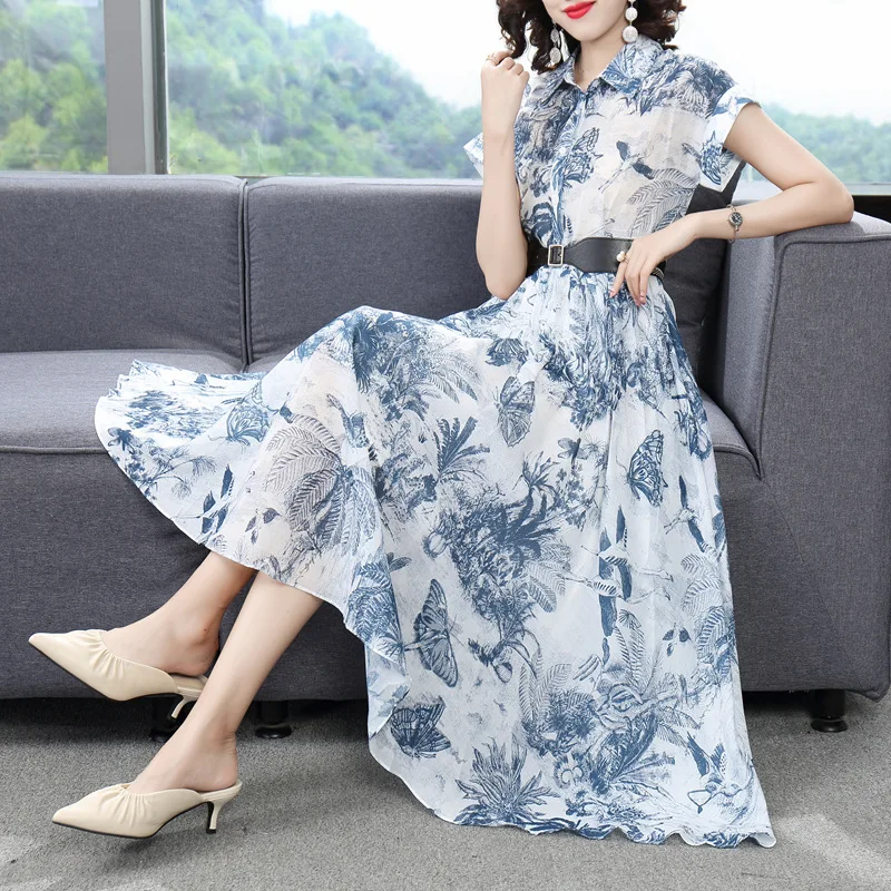 

Office Lady Short Sleeve Dress Fashion Ink Maple Leaves Printed Elegant Dress 2021 Summer High Waist Slimming Midi Shirt Dress