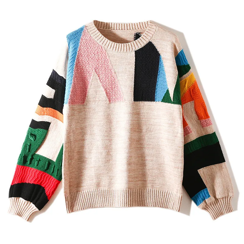 2019 корейский стиль лоскутный цвет женские свитера пуловеры Подиум длинный рукав