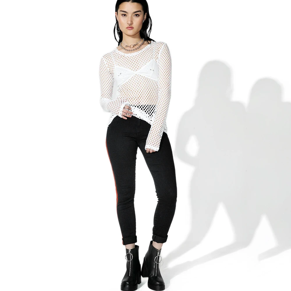 

Goth Sexy Mesh Tops Women Black Sexy Gothic Mesh Hollow Out Long Sleeve O-Neck Top Ripped See Through Summer Ladies Shirt