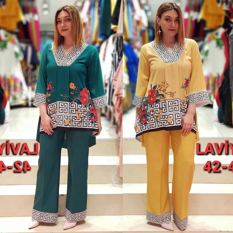 

Cyalaa New High Quality Custom Design Pattern Colorful Long Sleeve Blouse Long Pants Women' s Two Piece Set