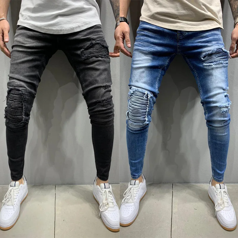 

Men's Motorcycle Wrinkled Tight Elastic Little Leg Jeans Denim Hip Hop Elastic Waist Joggers Pants