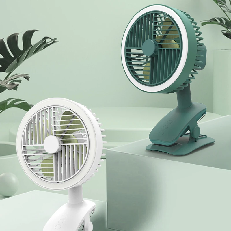

New Shaking Head Fan with Light Charging Desktop Dormitory Stroller Mini Fan USB Clip Fan