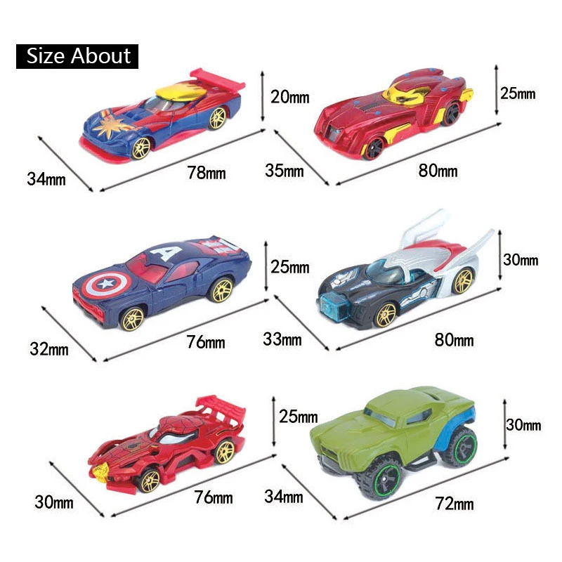 6pcs/set with box Alloy Marvel Children Toy Car Avengers Iron Man Thor Spiderman Action Figures Racing Model Kids Boys Gift images - 6