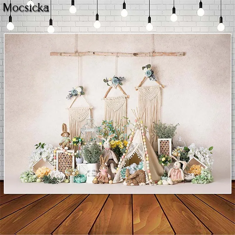 

Mocsicka Spring Easter Eggs Photography Backdrops Bunny Floral Decor Kids Birthday Cake Smash Photocall Background Photo Studio