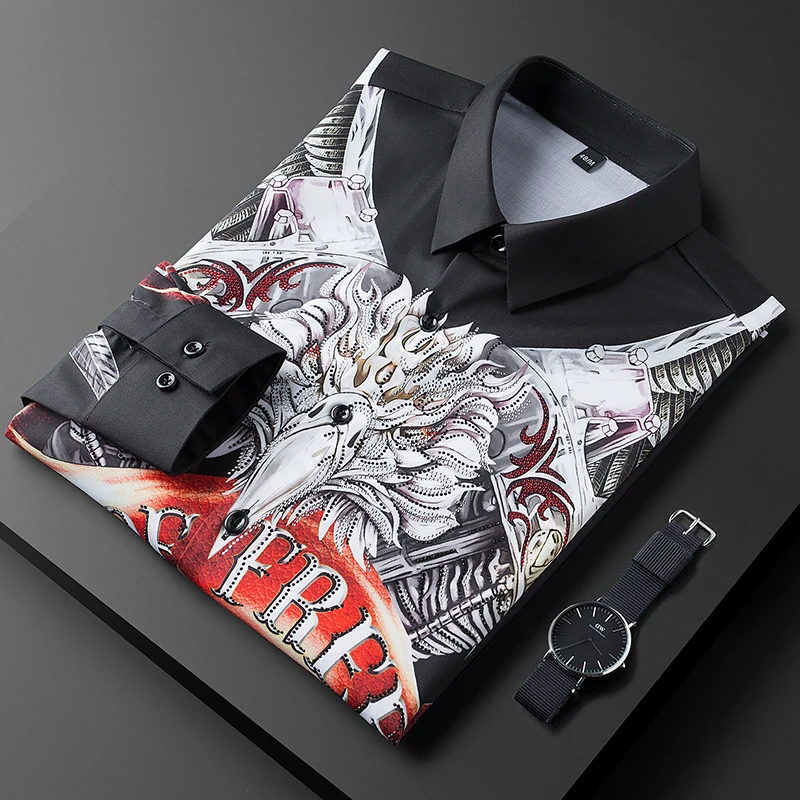 

luxury Hot Drilling Shirts Men Long Sleeve Casual Shirt 3D Print Business Dress Shirts Slim Social Party Blouse Chemise Homme