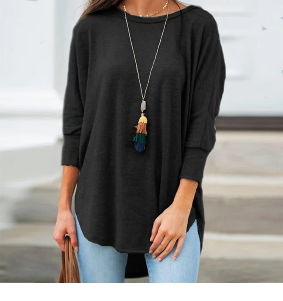 Solid Black Shirt Woman Casual Cotton O Neck Women's Tops And Blouses Three Quarter Sleeve Irregular Women Blouses Tunic Autumn