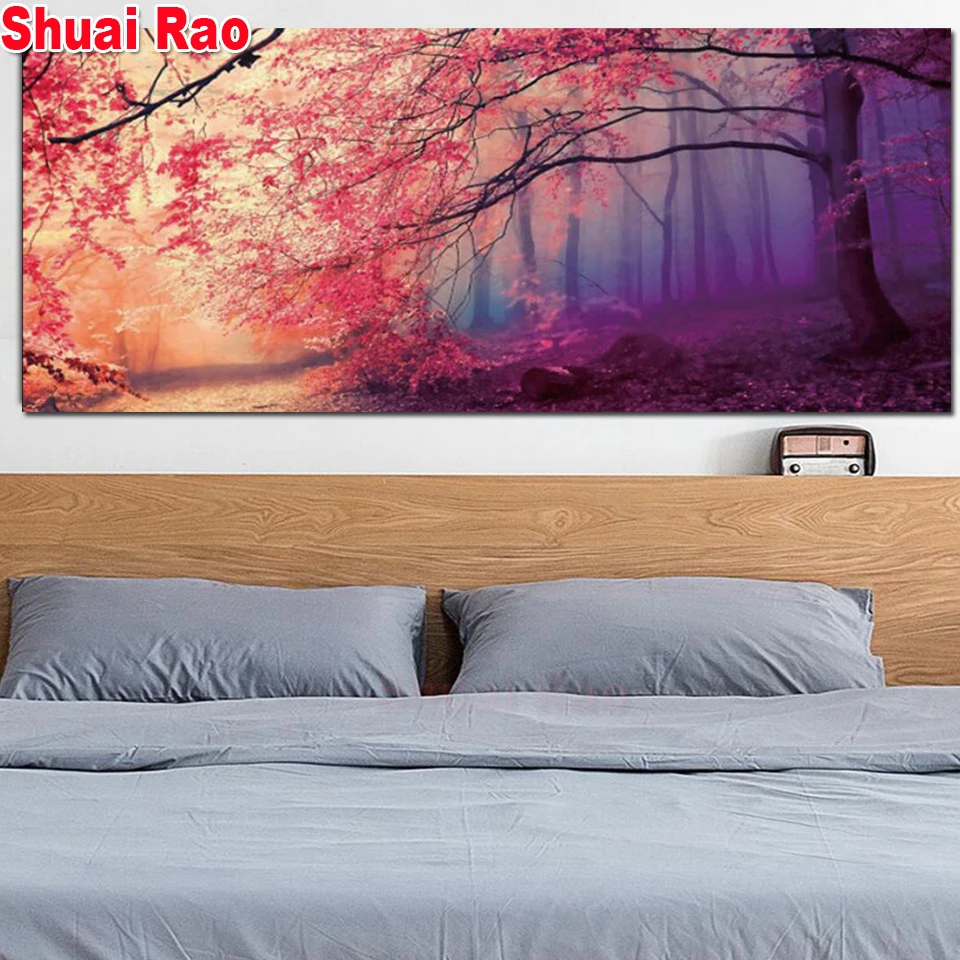 

red tree Diamond embroidery full square round drill, mosaic picture of rhinestones 5d diy diamond painting Foggy woods decor,