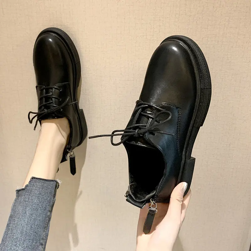 

Shoes Woman Flats Oxfords British Style Autumn Casual Female Sneakers Round Toe All-Match Dress Leather Preppy Fall Black Retro