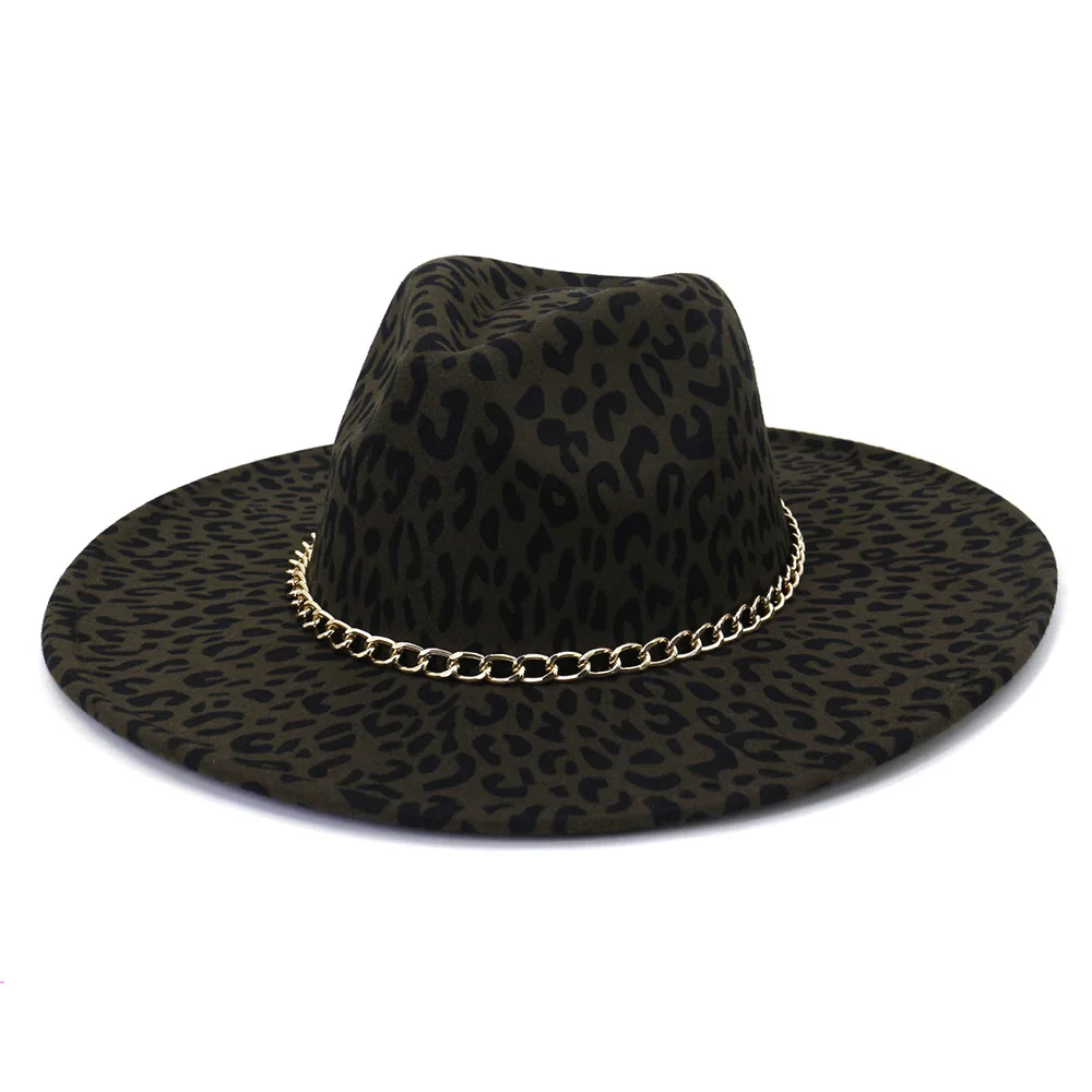 

9.5CM Big Brim Leopard Fedora Hats Casual Men Women Fashion Felt Hat white Black Panama Trilby Formal Party Cap