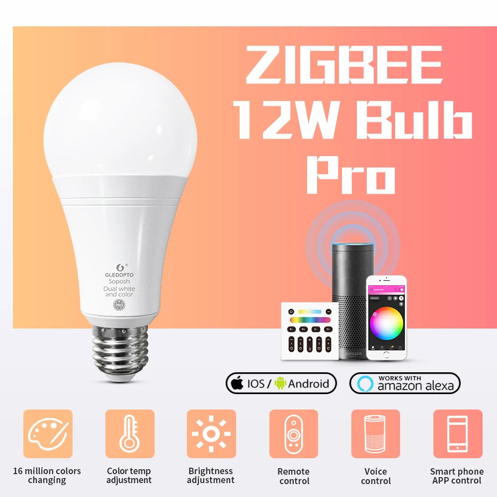 

GLEDOPTO Smart ZigBee 3.0 LED Bulb Pro 12W RGBCCT Light Bulb Work with Alexa Echo Plus SmartThings APP/Voice/RF Remote Control
