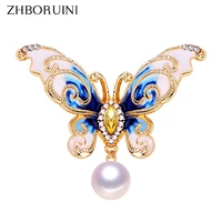 zhboruini high quality natural freshwater pearl brooch pearl enamel butterfly brooch pins gold color pearl jewelry for women