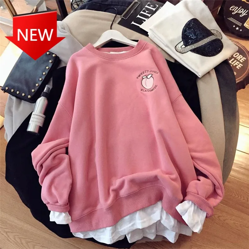 

Korean Style Hoodies Large Loose Long Sleeved Blouse Woman Print Harajuku Pink Tops Sweat Femme Plus Size Sweatshirts 2021 Women