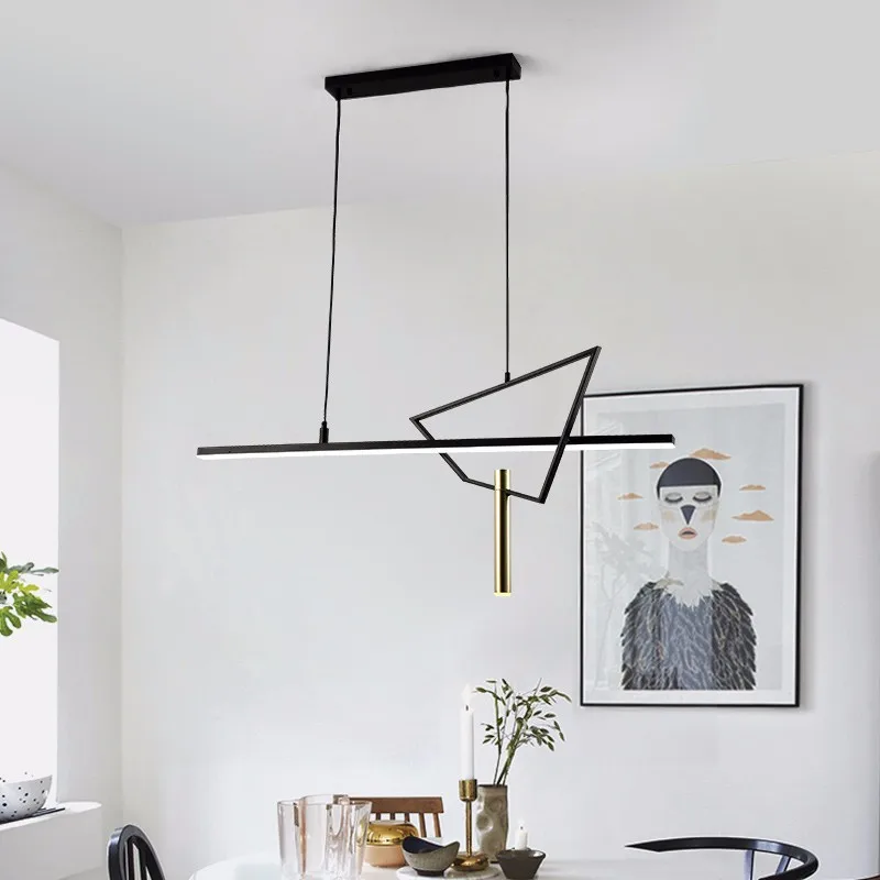 저렴한 현대 미니멀리스트 샹들리에 블랙 골드 기하학 스트립 호텔 레스토랑 바 스튜디오 전시실 사무실 장식 조명