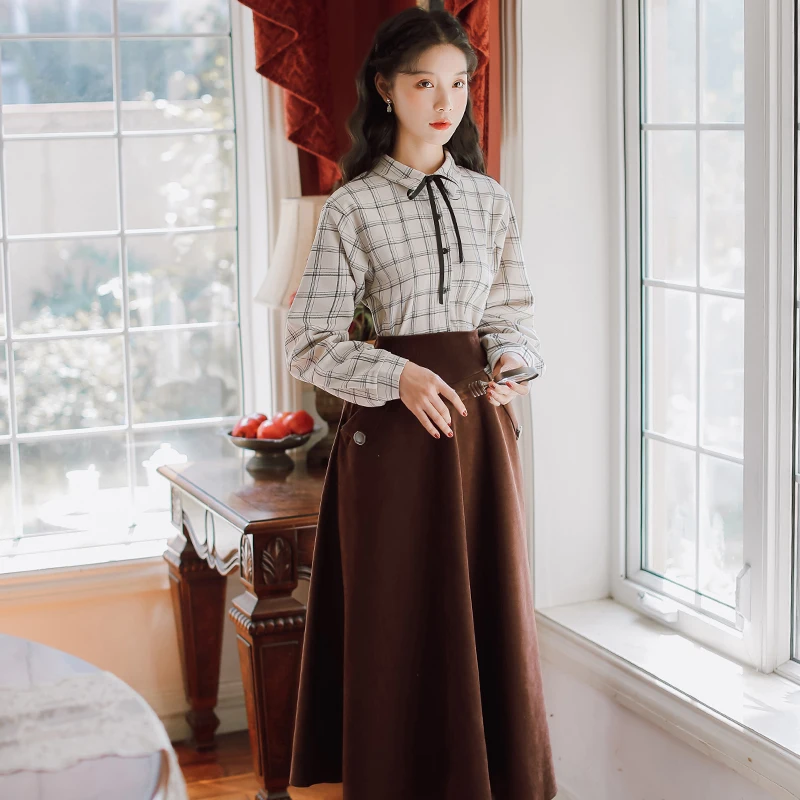 2020 new fashion women's clothing 2 piece set women  Turn-down Collar  Single Breasted  Vintage  Full