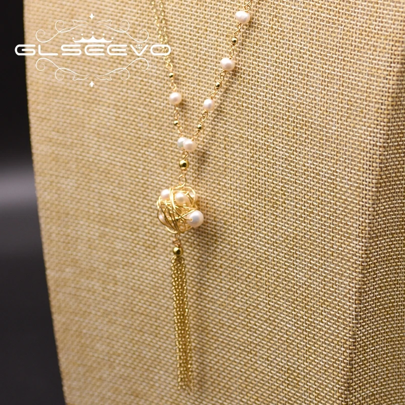 

GLSEEVO Handmade Natural Freshwater Pearl Long Necklace For Women Gifts Party Tasse Pendant Chain Luxury Jewrlley GN0168
