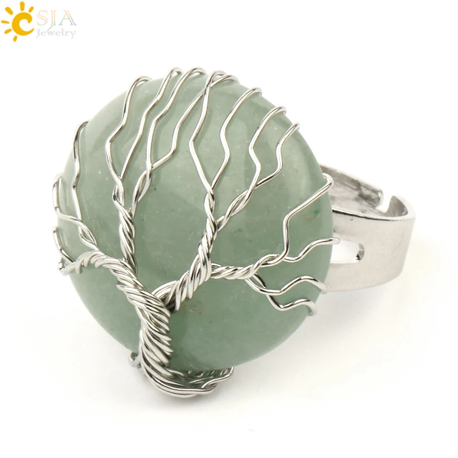 Green Aventurine CSJA Натуральный камень круглый кабошон кольцо серебро Цвет рейки "Древо жизни" проволочный Обёрточная бумага перстни Размеры размер можно регулировать для Для женщин Для мужчин G241 - Цвет основного камня: Green Aventurine