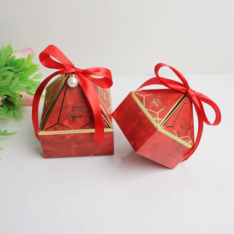 

50PCS Pink Pearl Silk Ribbon Wedding Candy Box Blue Pagoda Diamond Gem Gift Packaging Box Only You Birthday Bow Pouch Wholesale