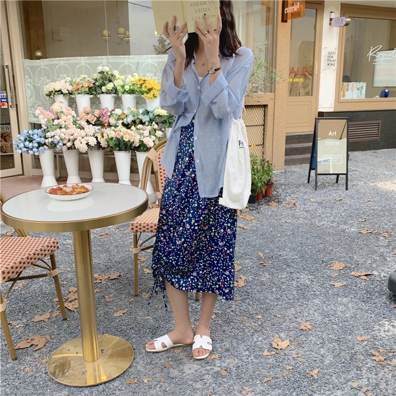 

2020 New Arrivals Stitching Color Floral Print Skirts Female Drawstring Design Retro Casual Lady Skirts for Fall