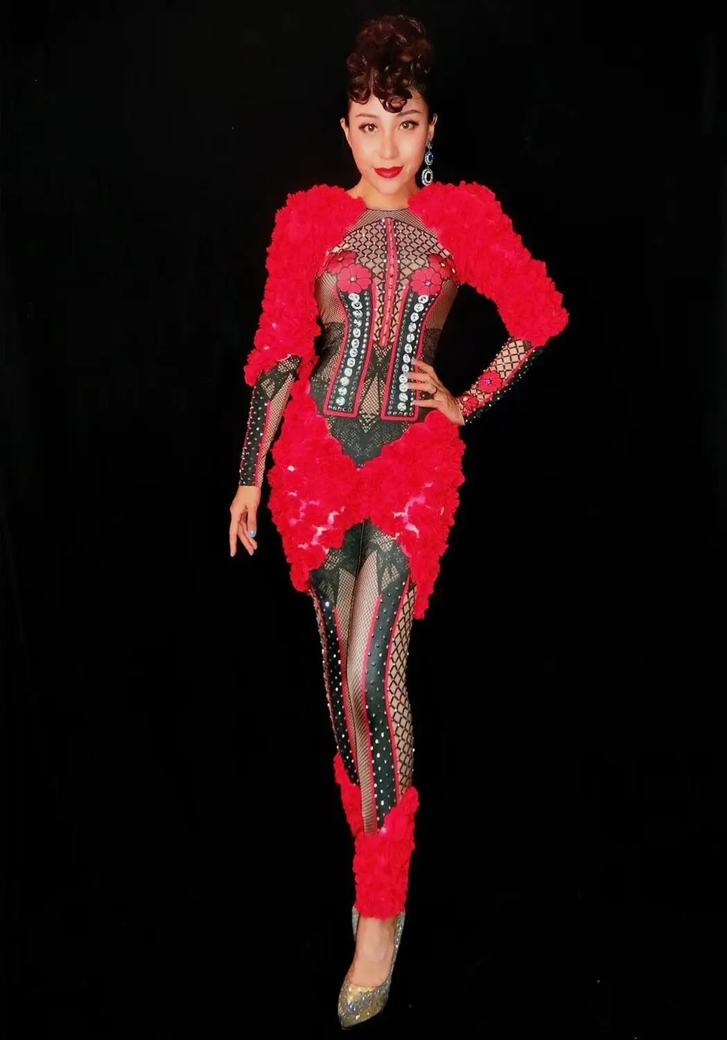 Новый комбинезон из спандекса с красными цветами и стразами сексуальные
