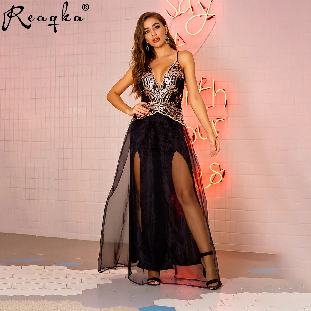 

Reaqka 2020 New Arrivals Summer Deep V Neck Sequin Dresses for Women Mesh Long Backless Maxi Elegant Patchwork Dress Female
