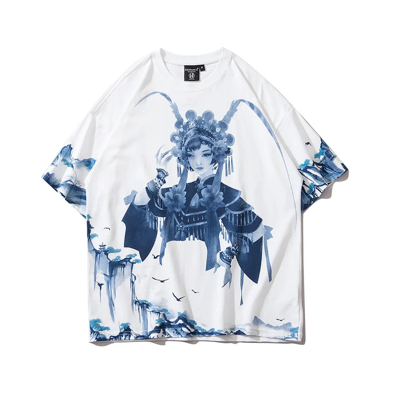 

Dropshipping Chinese Style Landscape Map Peking Opera Print T Shirts Unisex Streetwear Hipster Casual Short Sleeve Tops Tees Men