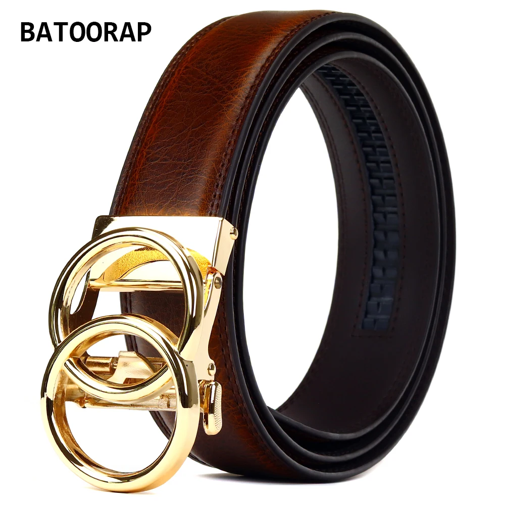 

BATOORAP Fashion Mens Belts Luxury Designer High Quality Gold Alloy Circle Buckle Man Brown Leather Ratchet Belt Z75P01