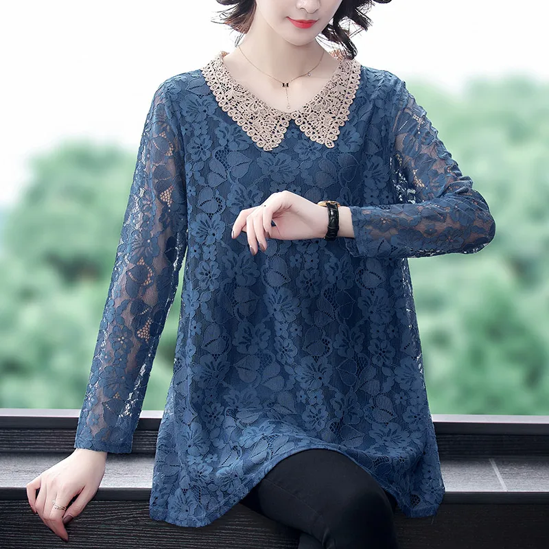 

Женская блузка с цветочной вышивкой, элегантная винтажная кружевная блузка в Корейском стиле с круглым воротником, свободная Осенняя круже...