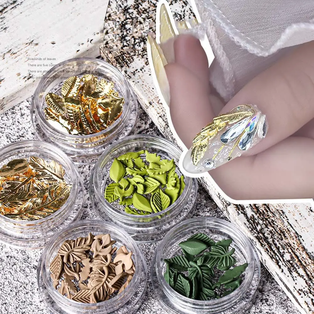 

1 Box Exquisite Fashion Nail Art Jewelry Metal Alloy 3D Mixed Green Tree Leaves Manicure Accessories Decoration