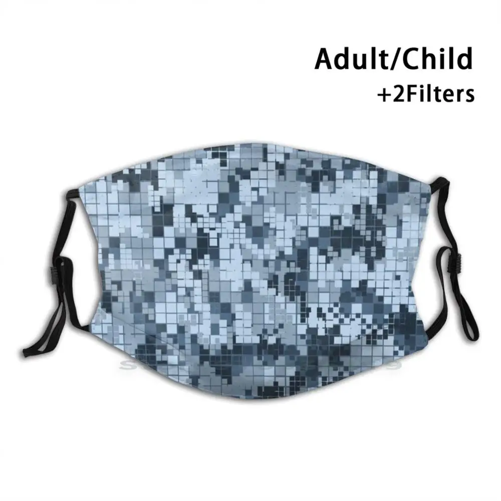 

Digital Camouflage In Blue Adult Kids Washable Funny Face Mask With Filter Digital Camouflage Blue Pixelated Camo Camoflage