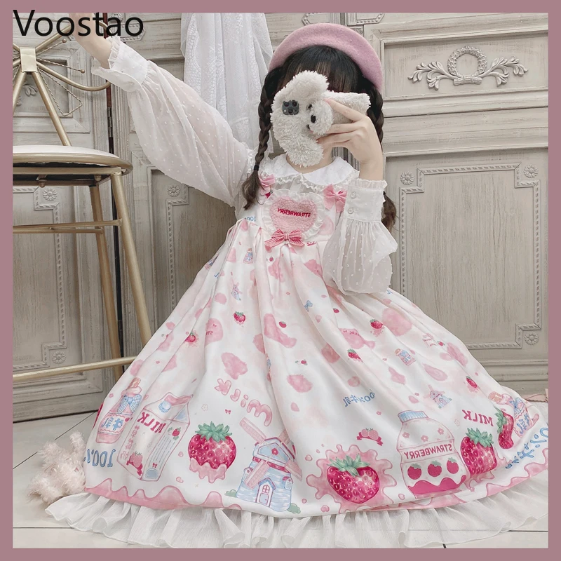 

Japanese Sweet Lolita JSK Dress Teen Girls Cute Strawberry Print Strap Dress Chic Kawaii Clothes Women Princess Cosplay Costumes