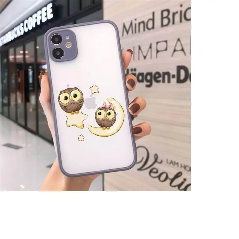 

Cute Owl Black Phone Case For iPhone 12 11 Mini Pro XR XS Max 7 8 Plus X Matte transparent Gray Back Cover