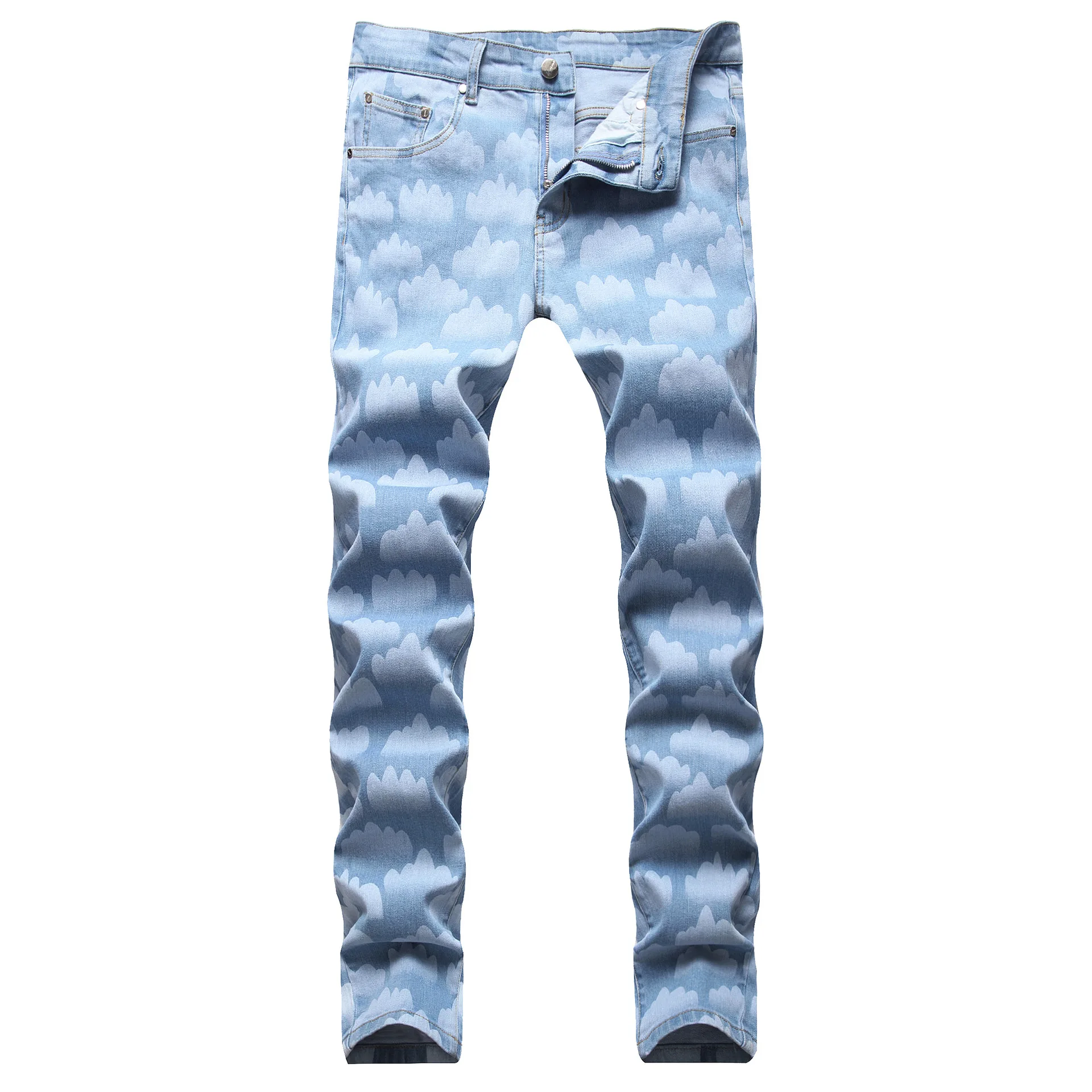 

Casual Men's Sky Blue Cloud Print Jeans Fashion Hip Hop Stretch Denim Slim Straight Pants Printed Ripped Pants High Quality
