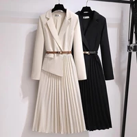 elegant dress women temperament notched collar lapel twill one piece pleated suit dresses long sleeve french style belt included