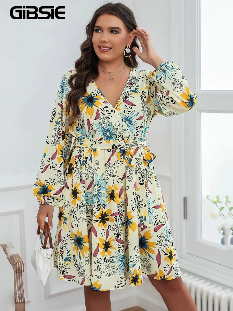 

GIBSIE Plus Size Surplice Neck Print Women Dress 2022 Autumn High Waist Long Sleeve A-line Female Casual Midi Dresses With Belt