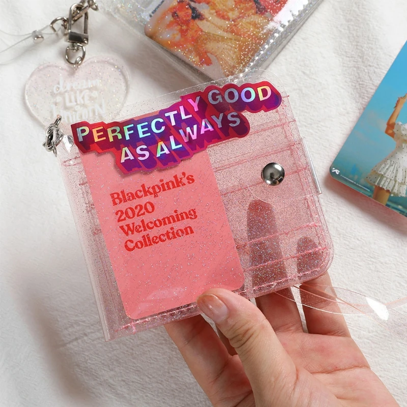

Portable Women Clear Wallet Lanyard Cute Glitter Bifold Purse Card Holder Pouch