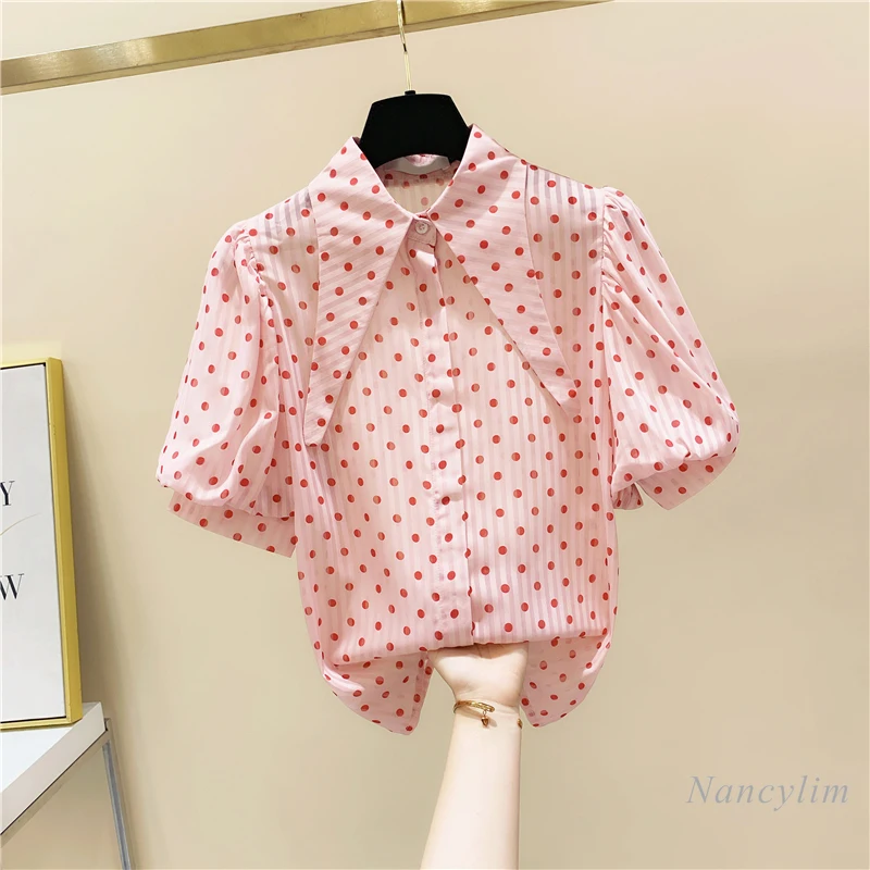 Polka Dots Doll Collar Chiffon Blouse Women Short Sleeve Shirt Female 2021 Sprng Summer Clothing New Puffed Sleeves Ladies Tops