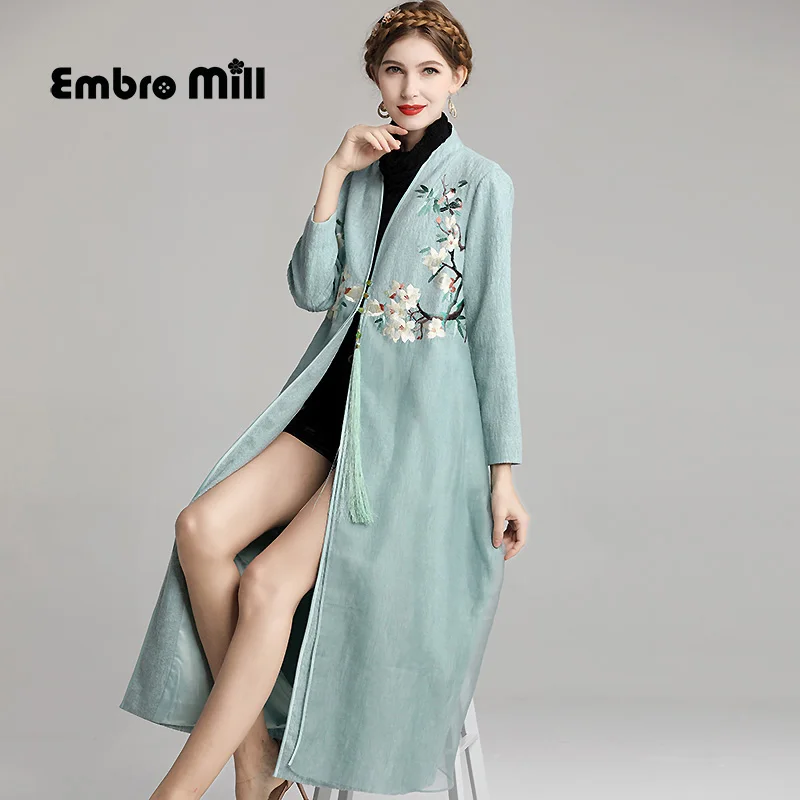 Женское шелковое пальто с вышивкой в китайском стиле Осеннее приталенное