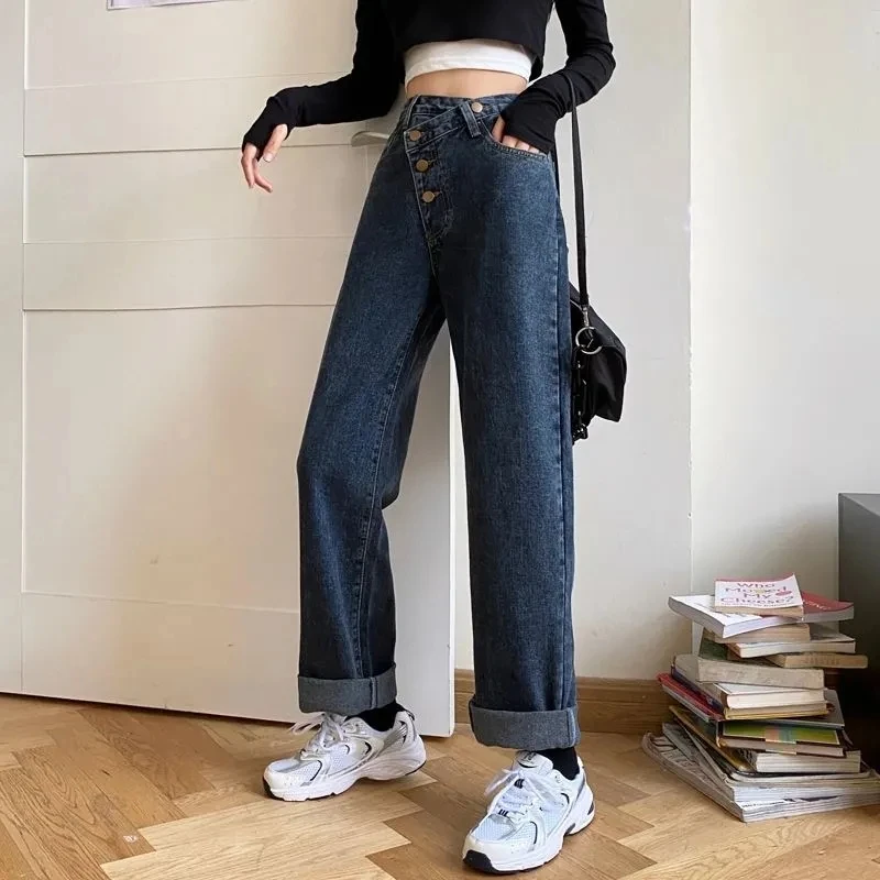 

New Irregular High Waisted Mom Jeans for Women Straight High Street Full Length Vintage Denim Pants Clothes 2021 Fashion Spliced