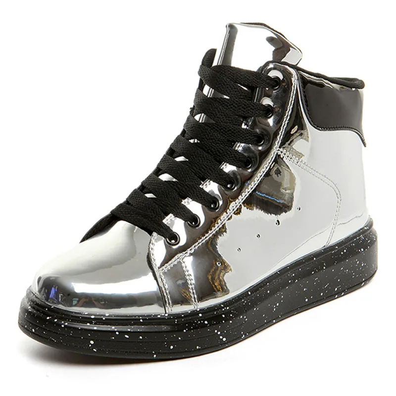 Silver Sooneeya High Top Patent Leather Casual Shoes Men Glitter Luxury Boots Male Driving Shoes Brand Designer Bling Leather Shoes - Цвет: Silver