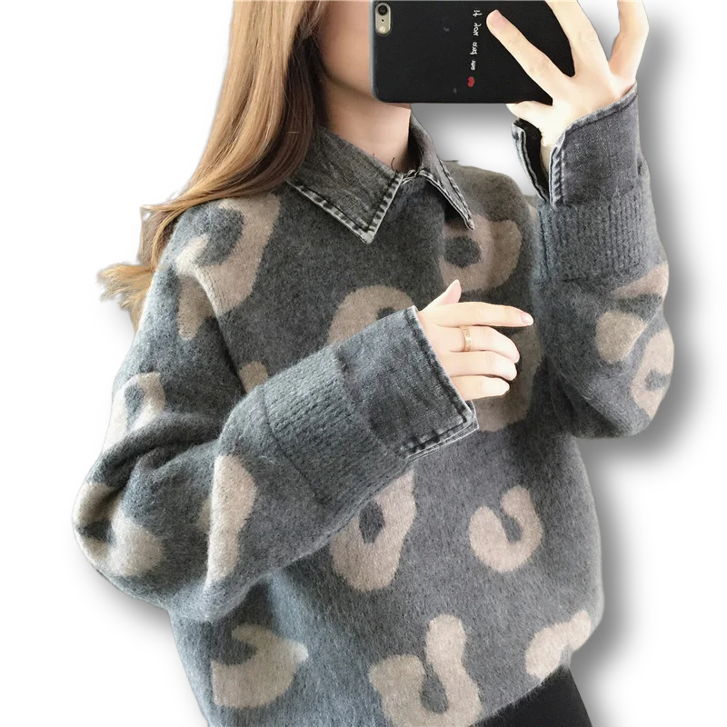 

Denim Patchwork Knitted Women Sweater And Pullovers Leopard Winter New Long-Sleeved Loose Thicken Warm Female Pulls Tops