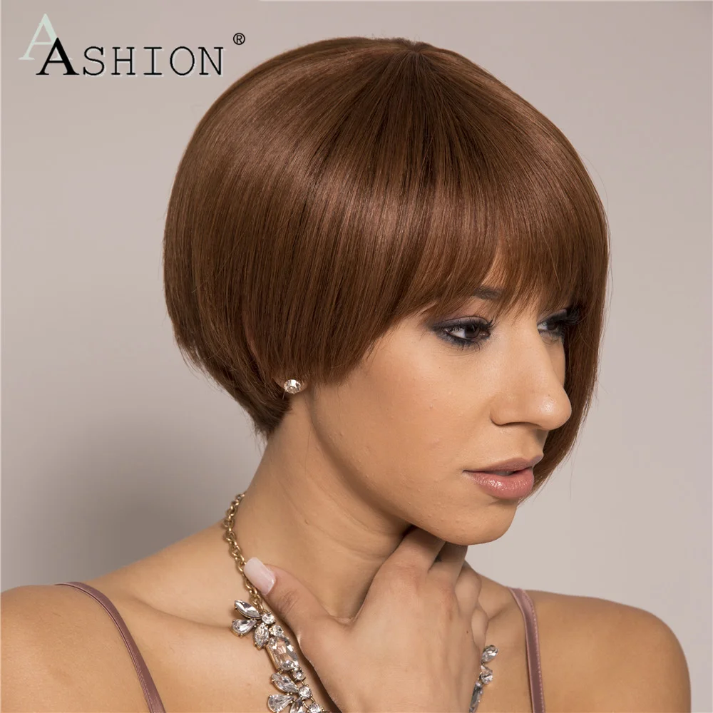 

Короткие прямые красно-коричневые волосы челки, парики из человеческих волос, Боб, парики с челкой, полностью машинное изготовление, без кле...