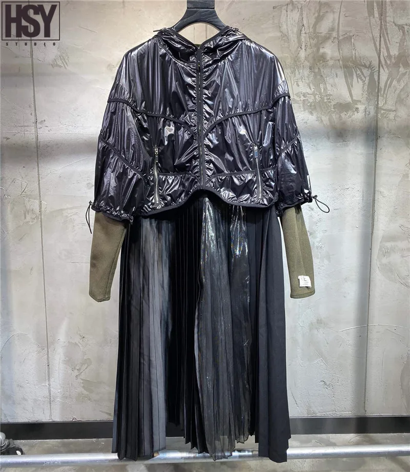 【HSY】2019 Осень Новая мода высокого класса женская черная глянцевая куртка на